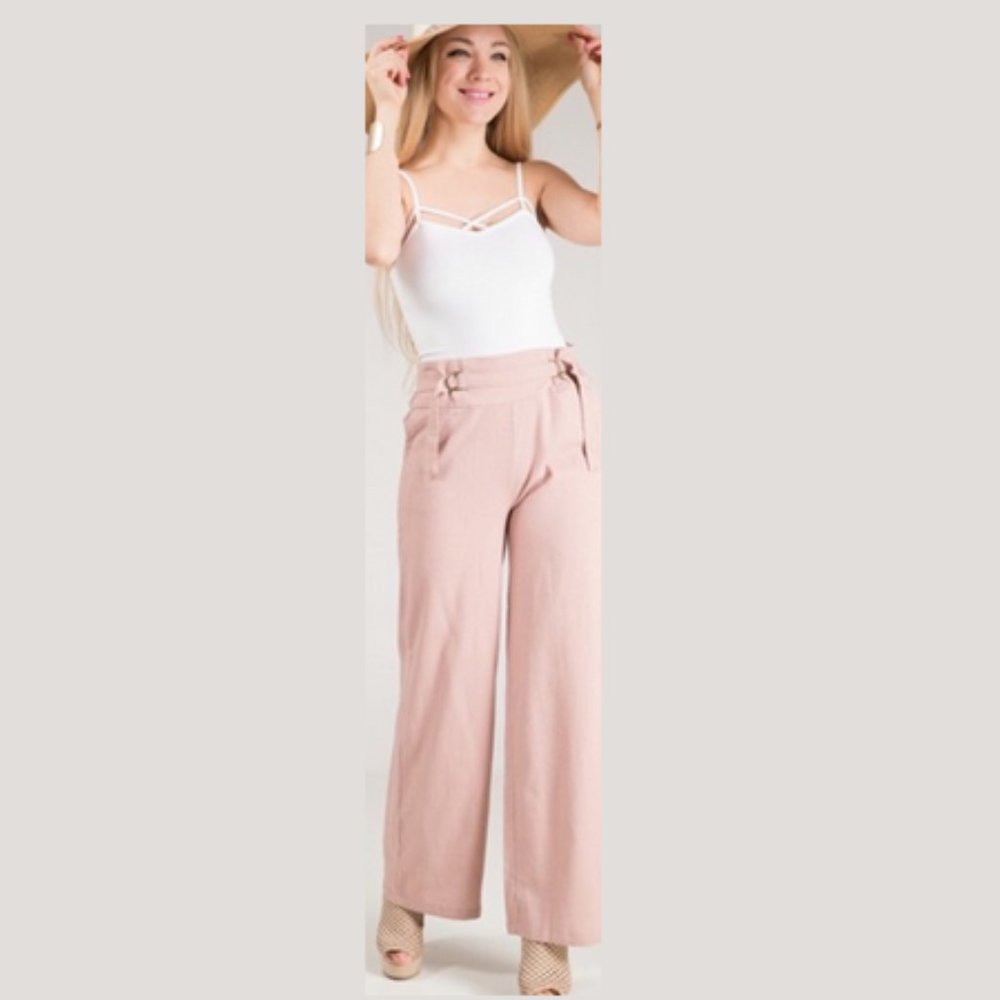 Linen Mix Wide Leg Front Belted Pants in Mauve